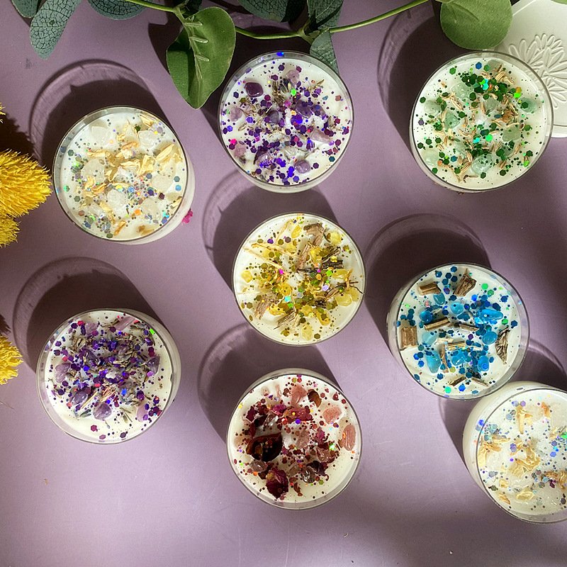 Scented Candle Gift Set with Colored Sequins & Indoor Dried Flowers Soybean Wax & Beeswax in Pillar and Heart Shapes for Bars