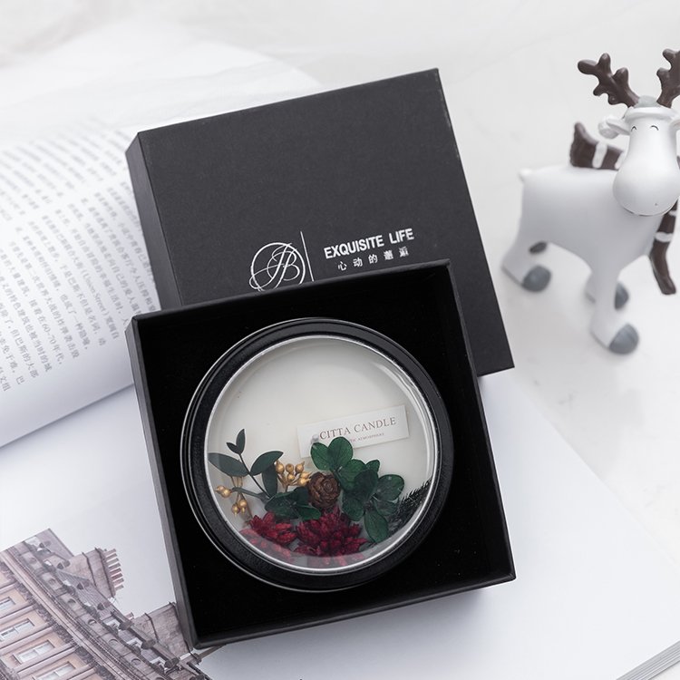 Black Tin Dried Flower Unique Private Label Vegan Flower Aromatherapy Wedding Favors Scented Candles With Transparent Lid