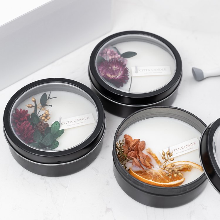 Black Tin Dried Flower Unique Private Label Vegan Flower Aromatherapy Wedding Favors Scented Candles With Transparent Lid
