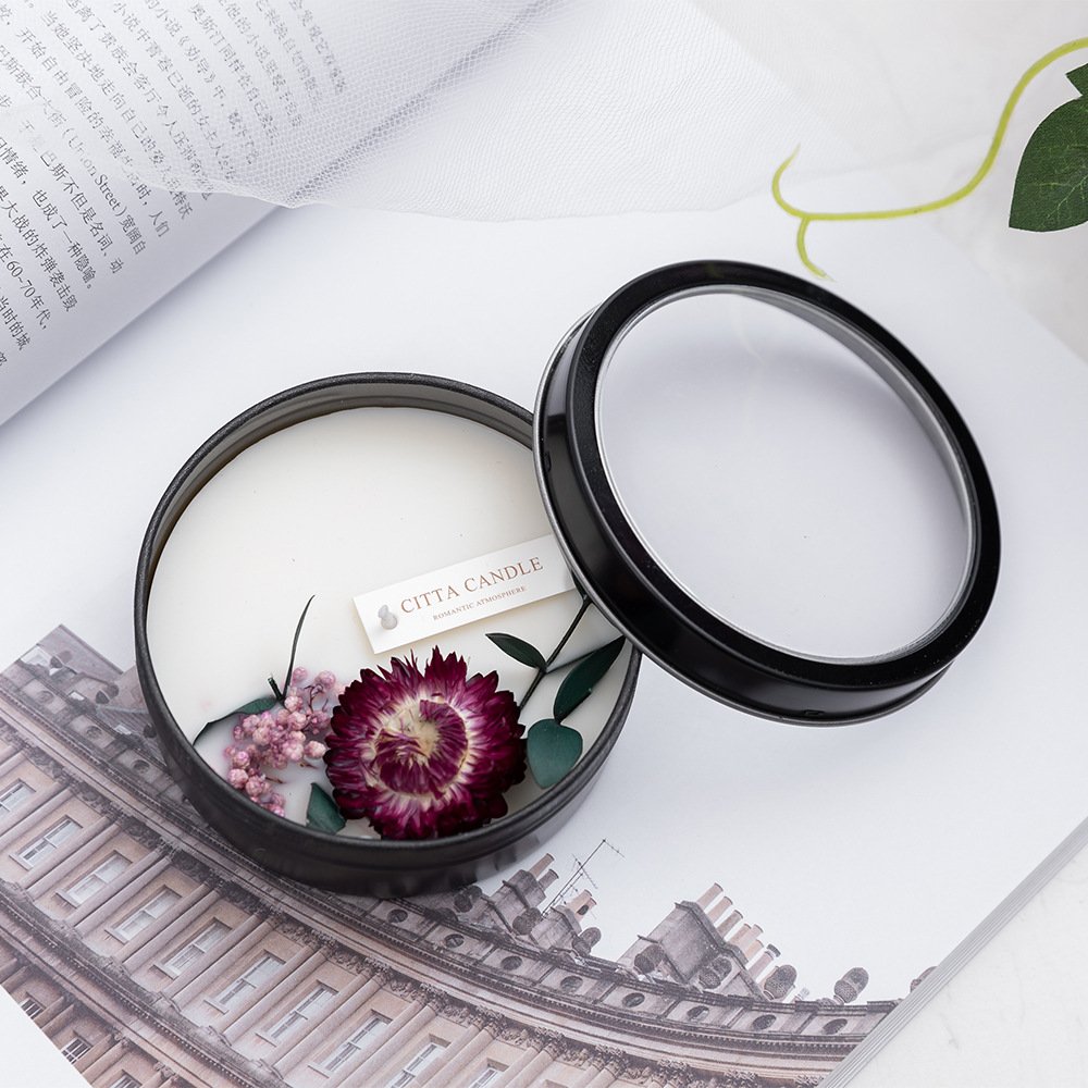 Black Tin Dried Flower Unique Private Label Vegan Flower Aromatherapy Wedding Favors Scented Candles With Transparent Lid