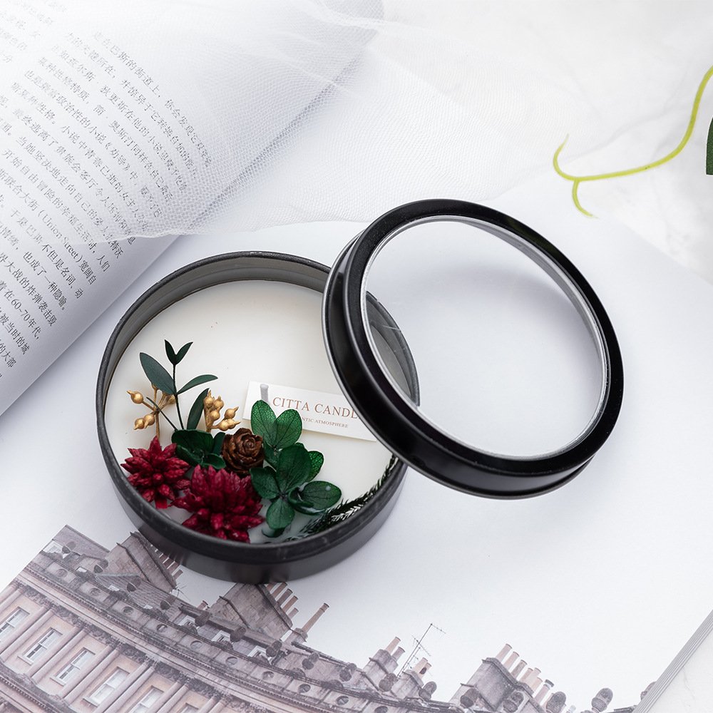 Black Tin Dried Flower Unique Private Label Vegan Flower Aromatherapy Wedding Favors Scented Candles With Transparent Lid