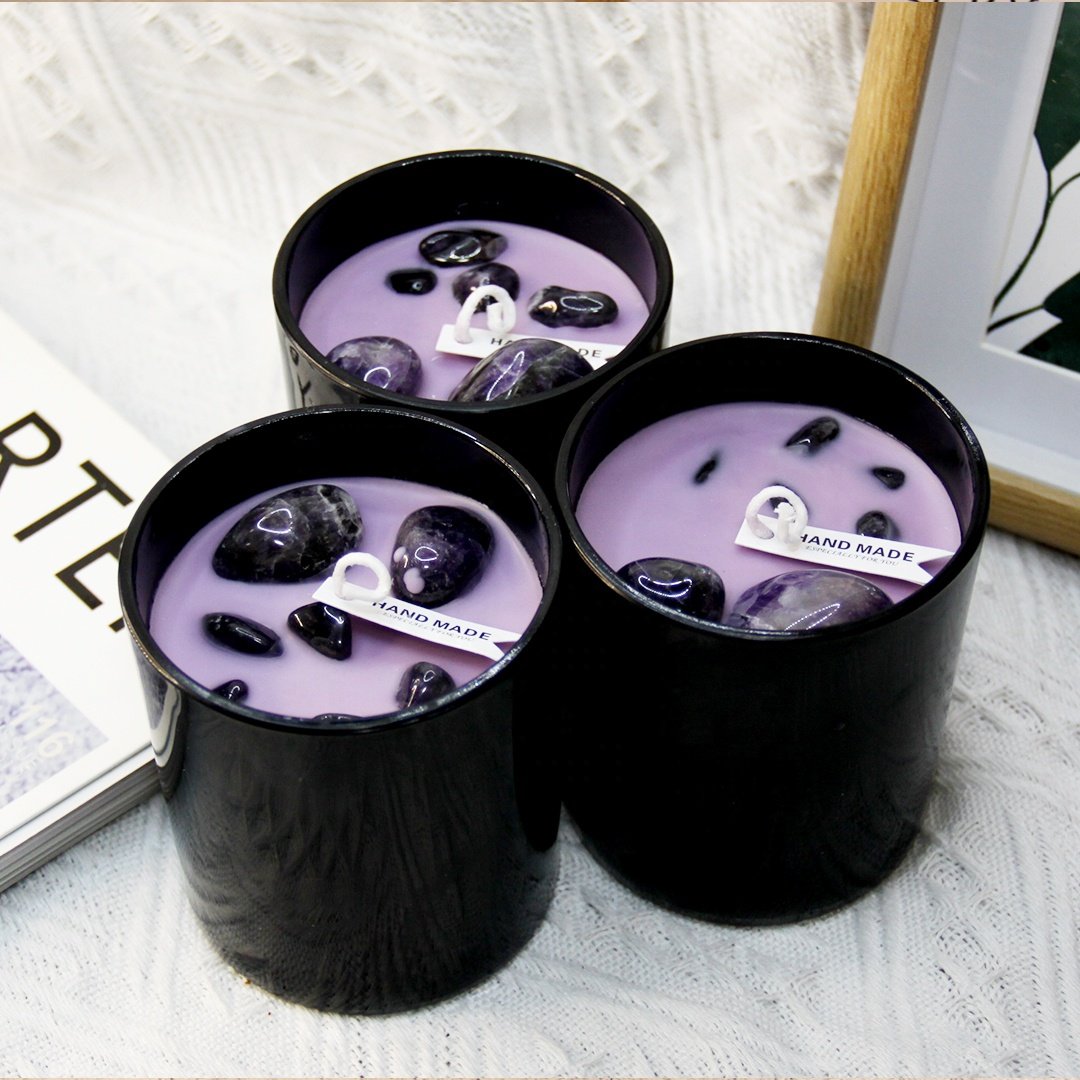 Custom New popular luxury natural Crystal colourful Scented Crystal Candles In a black glass