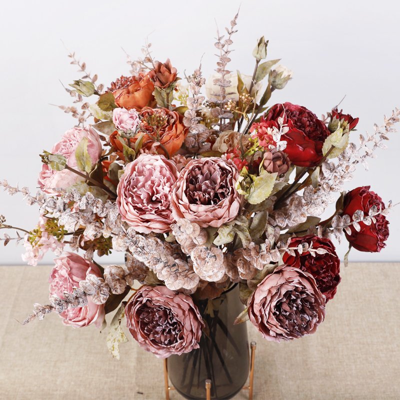 Artificial Retro peony flower Dry flower peony bouquet autumn color for indoor living room wedding decoration Artificial peony