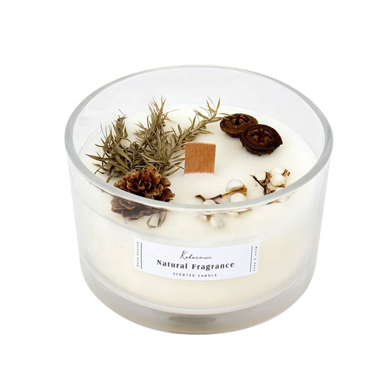 Custom Romantic Home Fragrance Candles Wood Wick Scented Candle With Dried Flowers in Glass Jar
