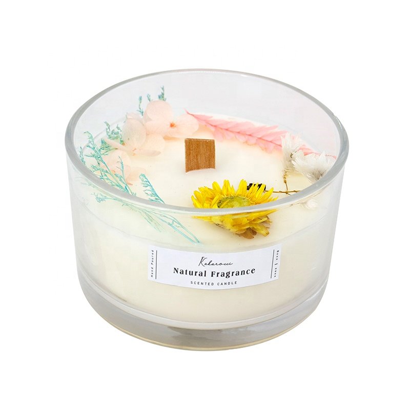 Custom Romantic Home Fragrance Candles Wood Wick Scented Candle With Dried Flowers in Glass Jar