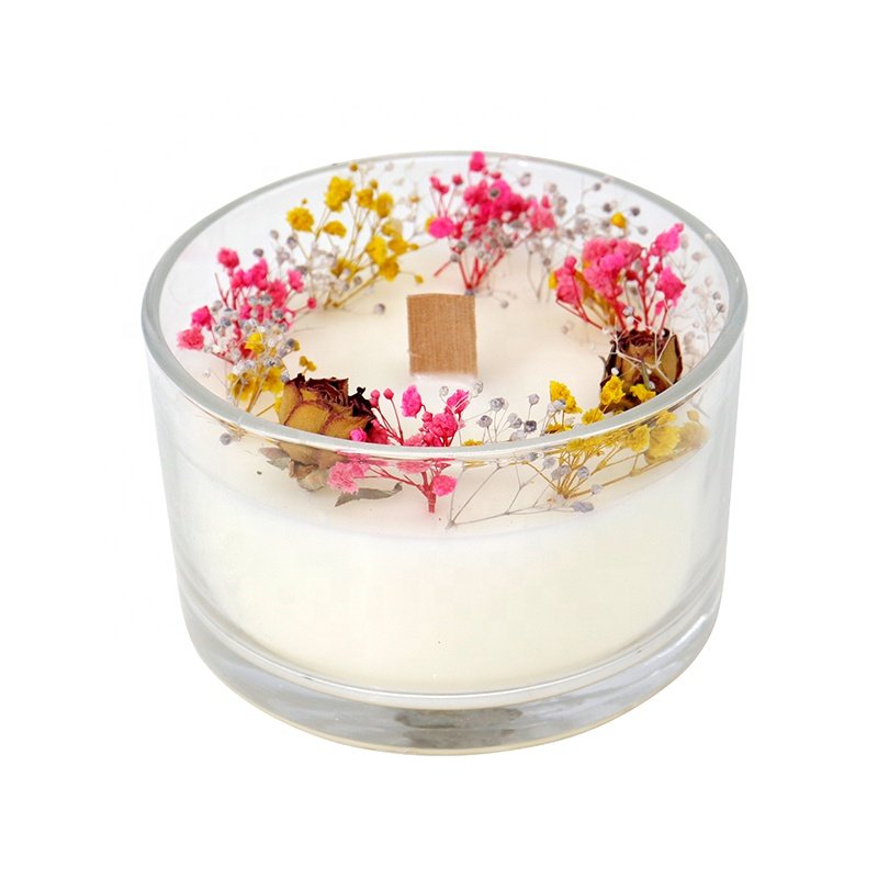 Custom Romantic Home Fragrance Candles Wood Wick Scented Candle With Dried Flowers in Glass Jar
