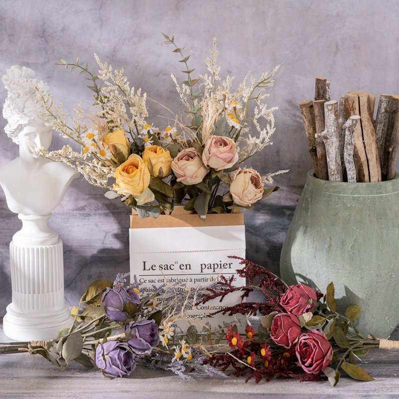 MW57894 Artificial Flowers Custom Real Life Red Roses Plastic Eucalyptus Mini Flower Bouquet For Dried Flowers Decoration