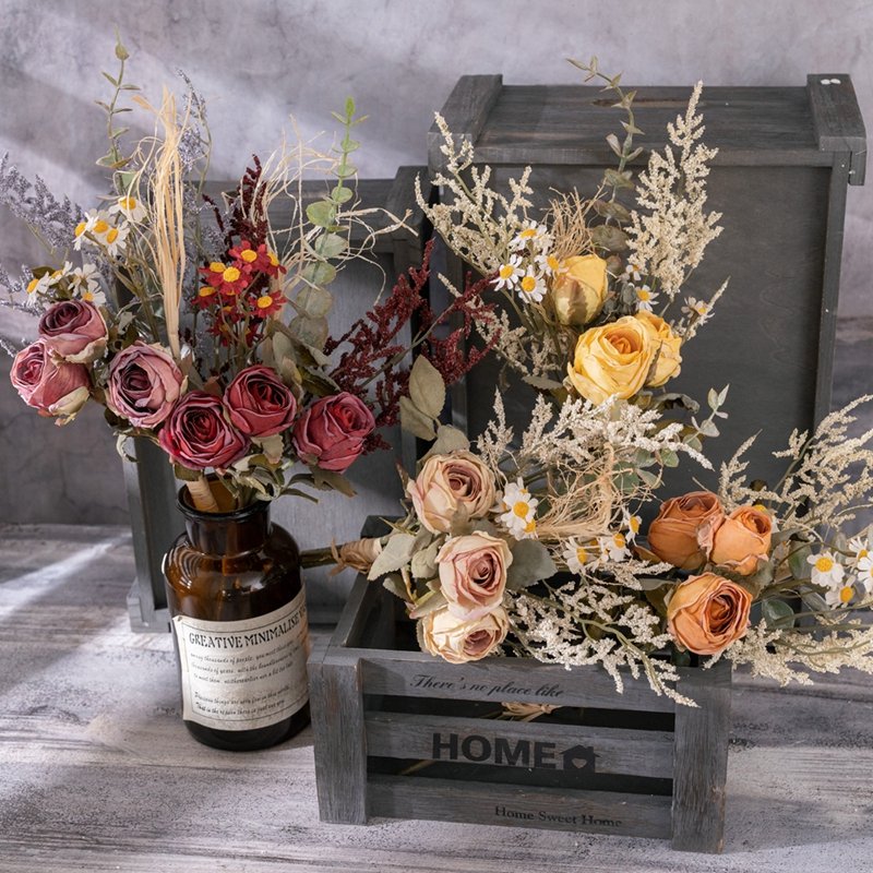 MW57894 Artificial Flowers Custom Real Life Red Roses Plastic Eucalyptus Mini Flower Bouquet For Dried Flowers Decoration