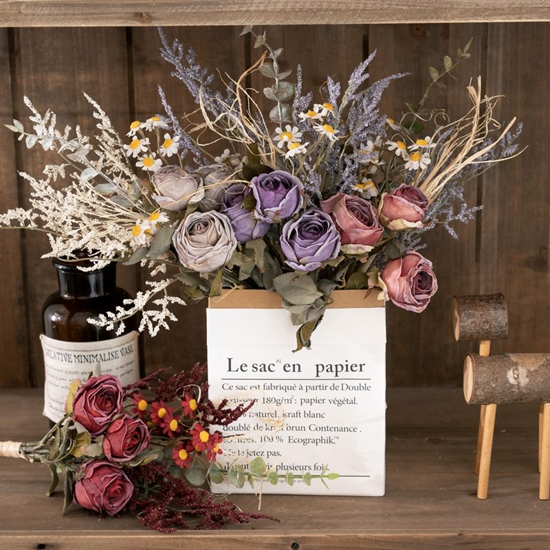 MW57894 Artificial Flowers Custom Real Life Red Roses Plastic Eucalyptus Mini Flower Bouquet For Dried Flowers Decoration