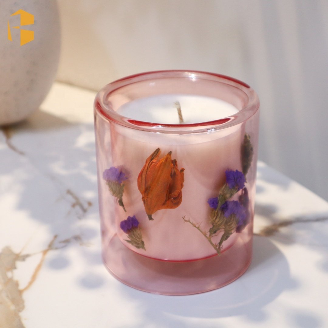 2024 New Style Luxury Double Wall Glass Candle Natural Soy Wax Customized Label Dried Flowers Scented Candle