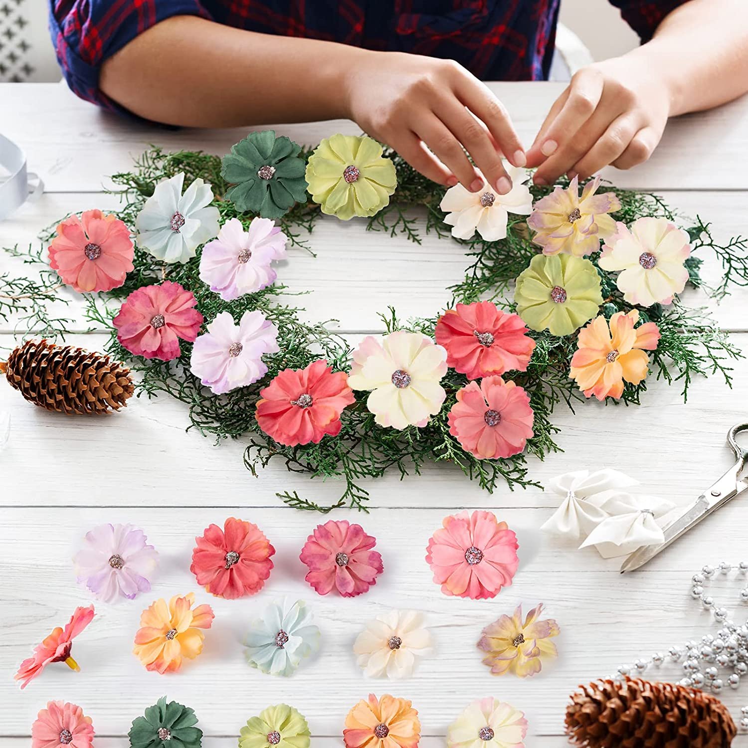 Faux Flowers Heads for Crafts Artificial Silk Daisy Flowers Mini Assorted Faux Flowers DIY Wreath Accessories for Holiday