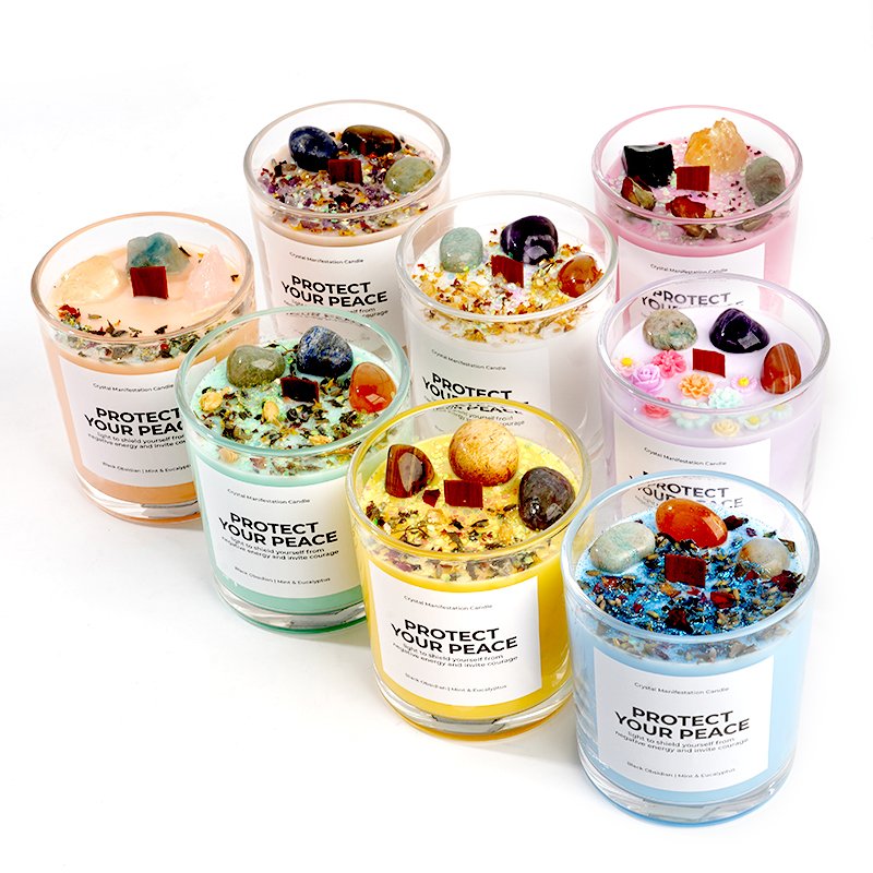 Custom Logo Luxury Candles Clear Glass Vessel Colored Wax Wooden Wick Dried Flower Crystal Quartz Soy Wax Aroma Scented Candle