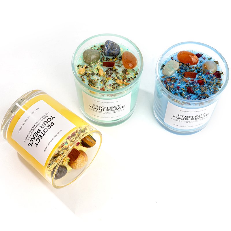 Custom Logo Luxury Candles Clear Glass Vessel Colored Wax Wooden Wick Dried Flower Crystal Quartz Soy Wax Aroma Scented Candle