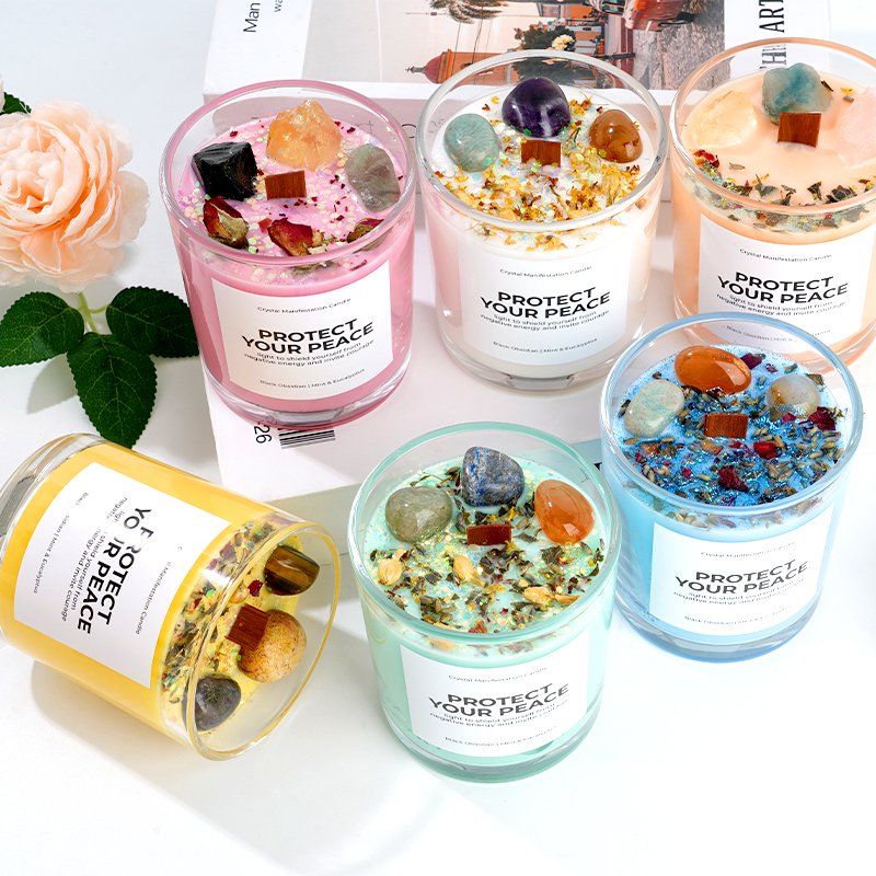 Custom Logo Luxury Candles Clear Glass Vessel Colored Wax Wooden Wick Dried Flower Crystal Quartz Soy Wax Aroma Scented Candle