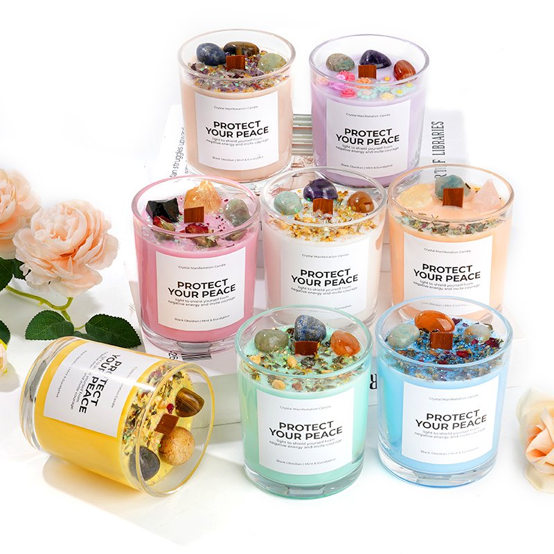 Custom Logo Luxury Candles Clear Glass Vessel Colored Wax Wooden Wick Dried Flower Crystal Quartz Soy Wax Aroma Scented Candle