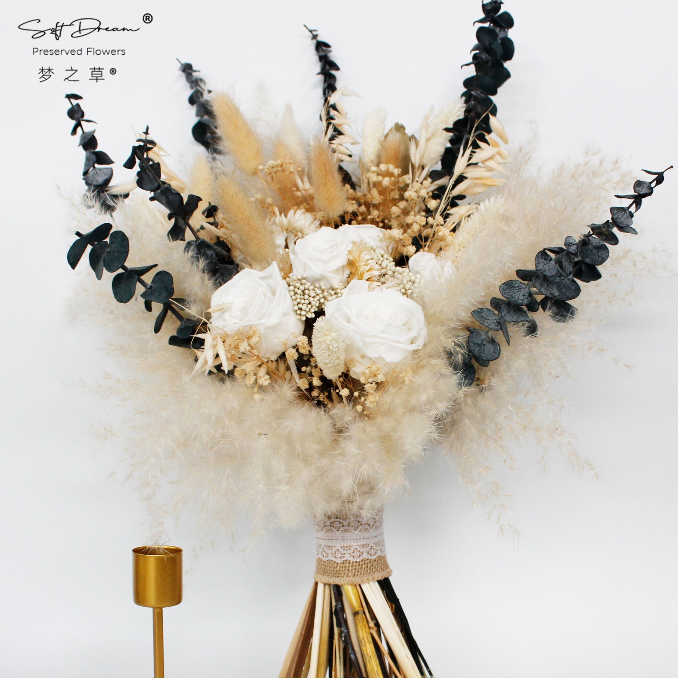 2024 Softdream Wholesale Dried Flowers Pampas grass Preserved Rose Boho Wedding Bouquet Bridal Wedding Bouquet