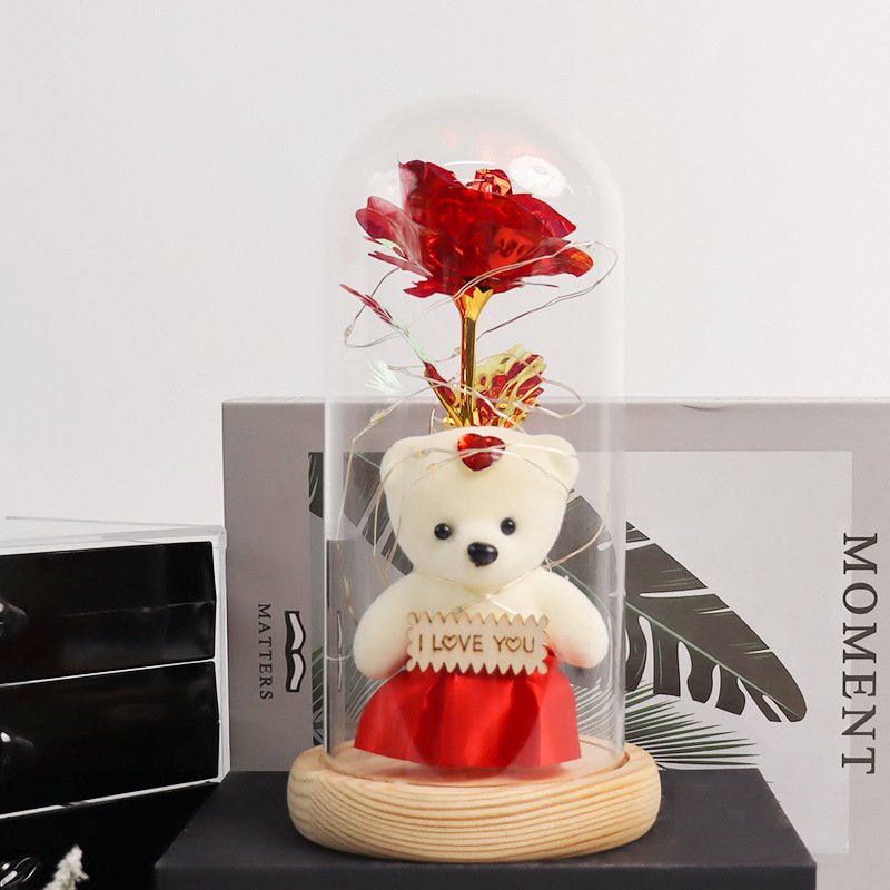 2024 Hot Selling Christmas Valentine's Day Gift LED Light Glass Dome Galaxy Rose Flowers With One Mini Bear