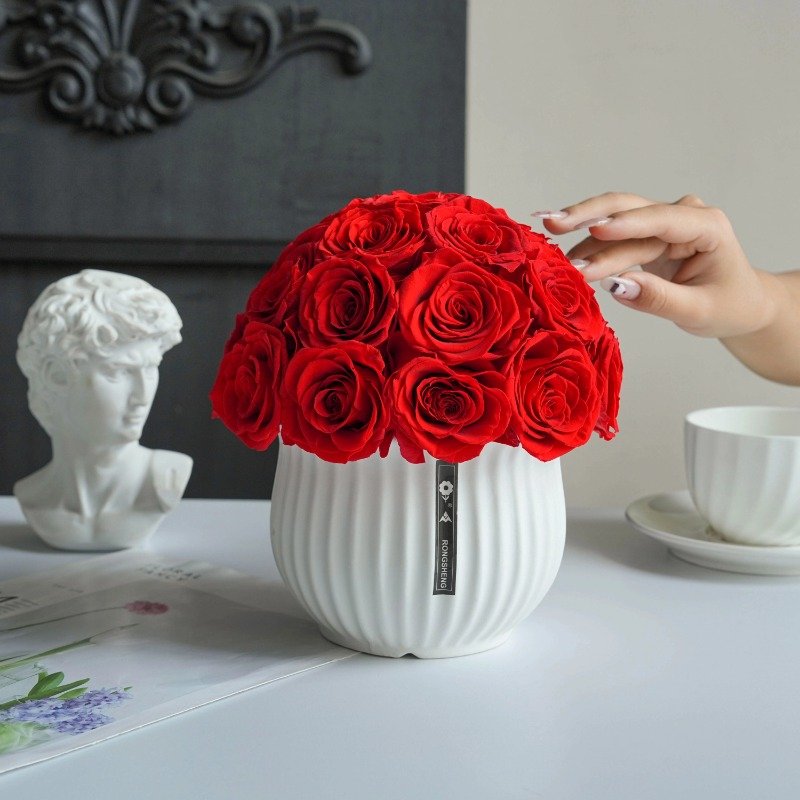 Futuristic Design Classic Riven Travertine Venice Lego Ceramic Vase With Dried Forever Preserved Rose For Centerpiece Decoration