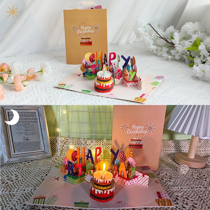 Creative greeting card chocolate birthday cake blow candle music light ins wind birthday gift 3D cake wholesale