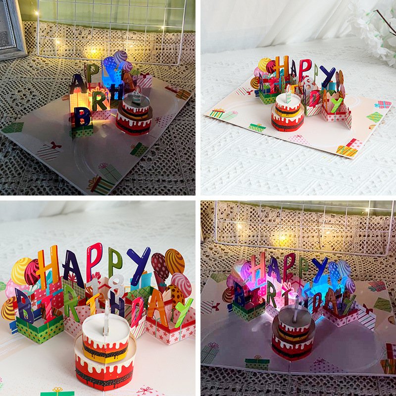 Creative greeting card chocolate birthday cake blow candle music light ins wind birthday gift 3D cake wholesale