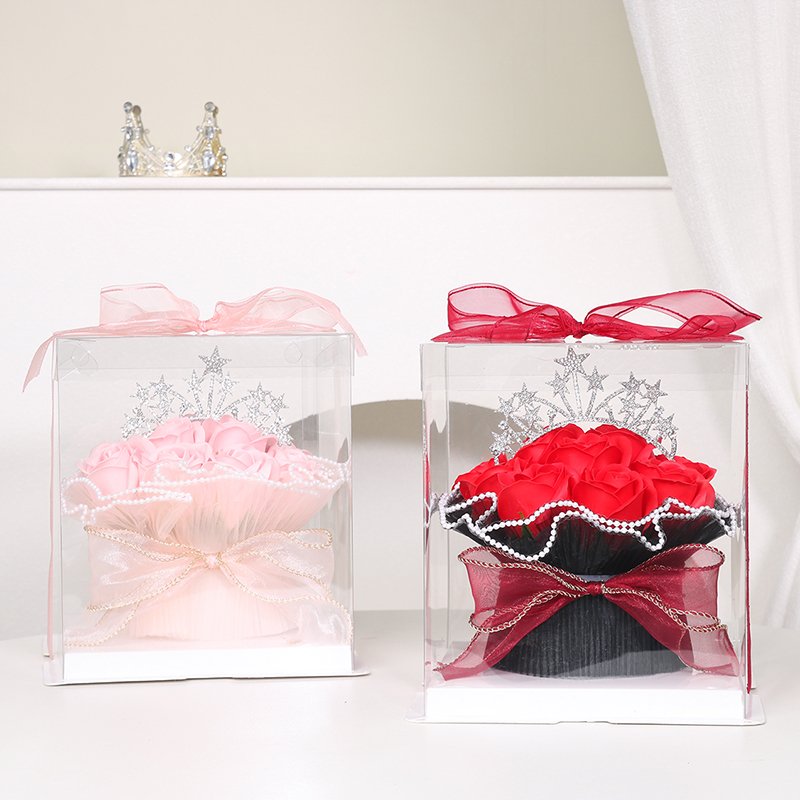 Wholesale Dried Preserved Flower Artificial Flower Crown Decoration Yarn Bouquet Square Plastic Box Preserved Flower Bouquet