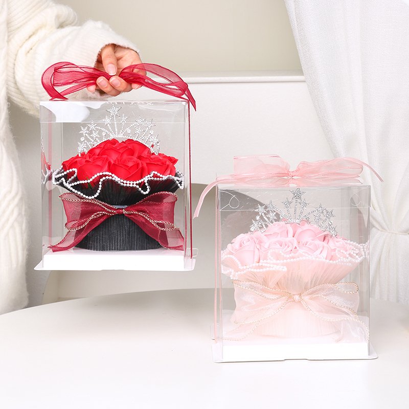 Wholesale Dried Preserved Flower Artificial Flower Crown Decoration Yarn Bouquet Square Plastic Box Preserved Flower Bouquet