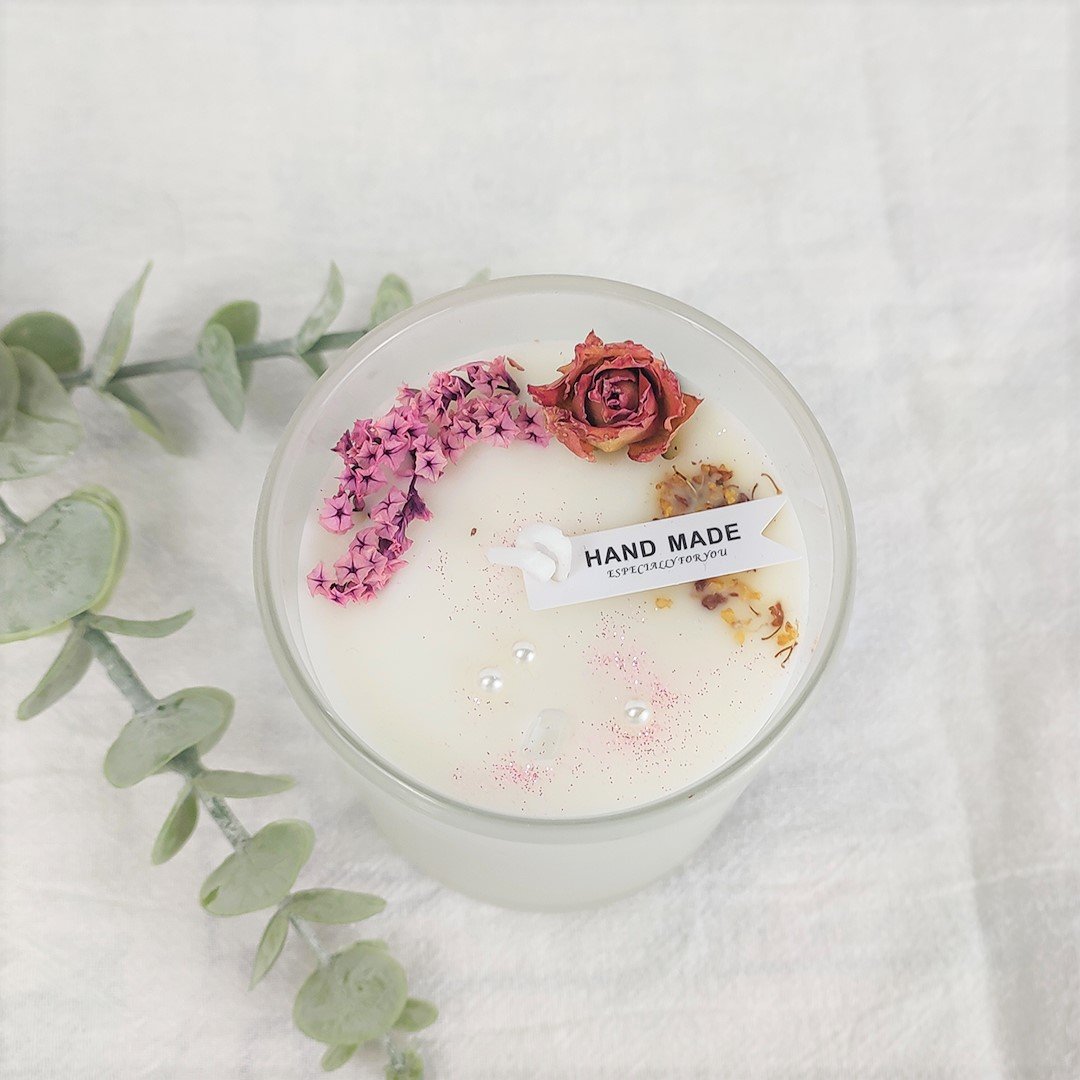 Wholesale luxury dried flowers rose frosted glass scented candles for wedding gifts