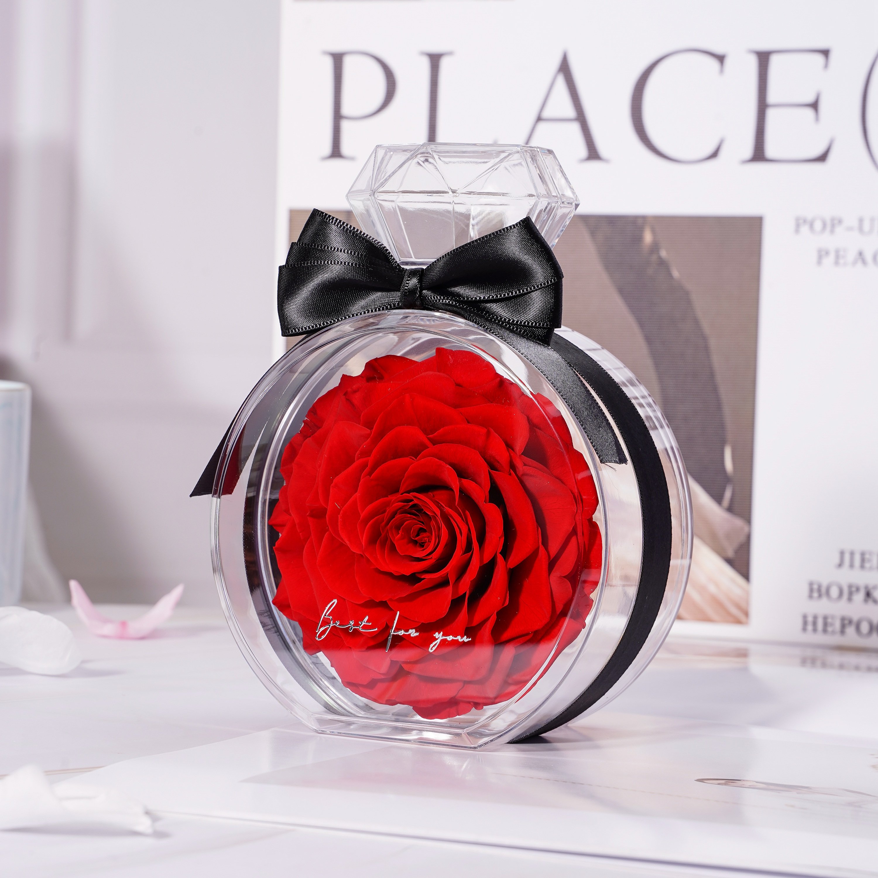 Valentine Day Gift Box Handmade Elegant Present Real Fresh Eternity immortal Rose Preserved Flower in a Acrylic Box/Glass Dome