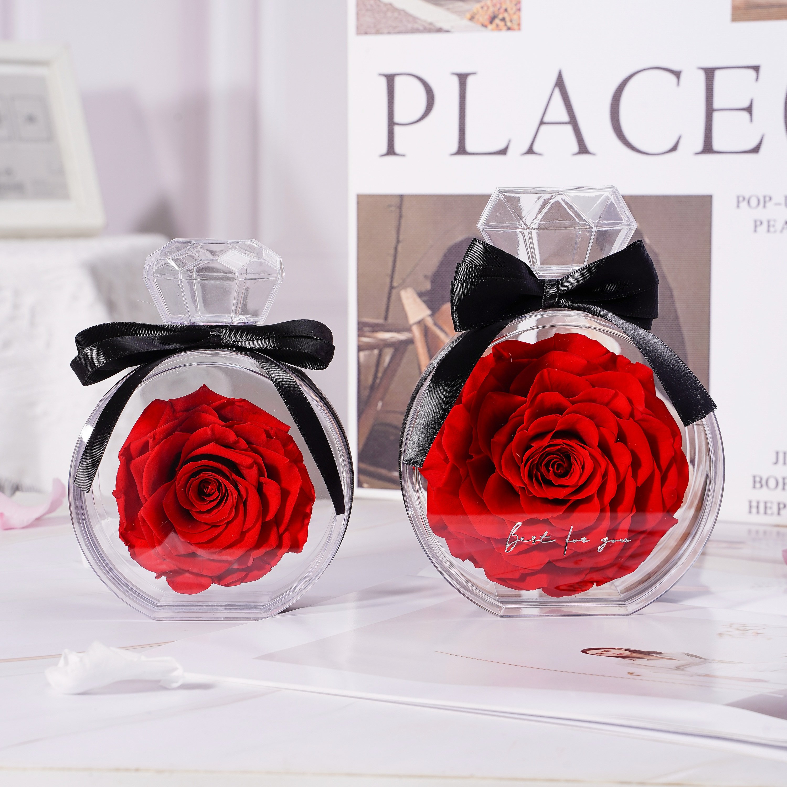 Valentine Day Gift Box Handmade Elegant Present Real Fresh Eternity immortal Rose Preserved Flower in a Acrylic Box/Glass Dome