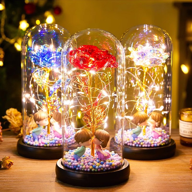 Hot Selling Artificial Flower Valentine's Day Gifts Golden Rose Led Lamp 24k Gold Foil Rose in Glass Dome Flowers