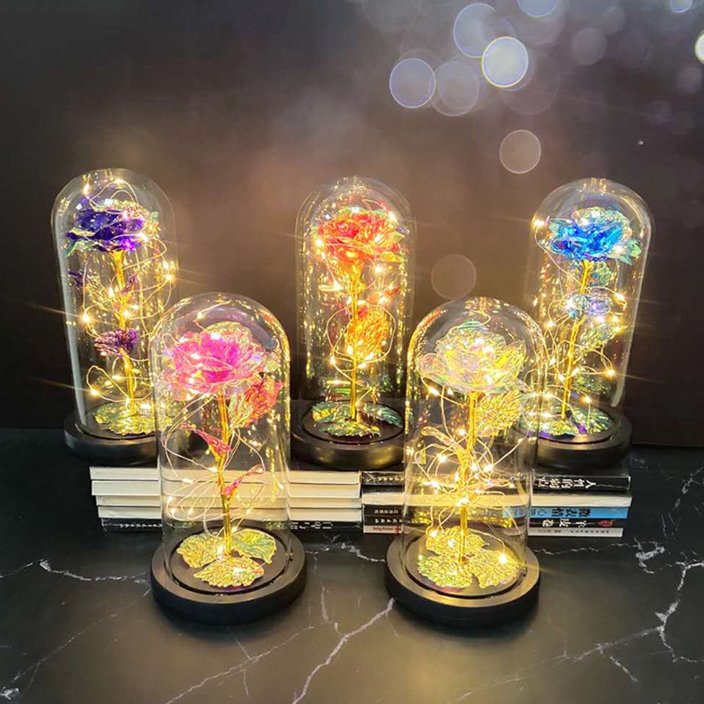 Hot Selling Artificial Flower Valentine's Day Gifts Golden Rose Led Lamp 24k Gold Foil Rose in Glass Dome Flowers