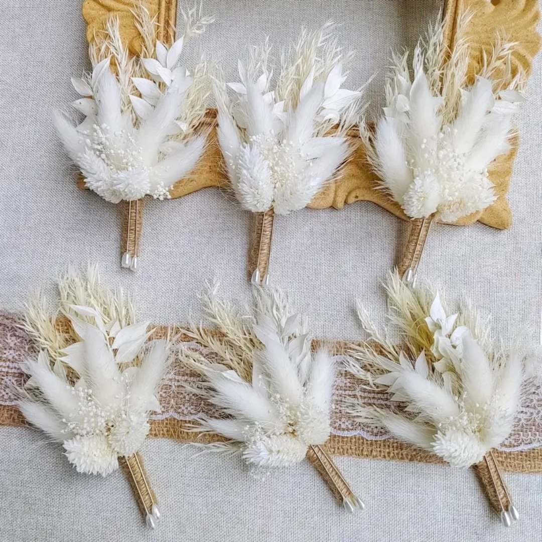 G31 Groom Best Man Boho Men's Rustic Vintage Wedding Party Prom Mini Dried Flower Bouquet White Dried Flower Boutonnieres