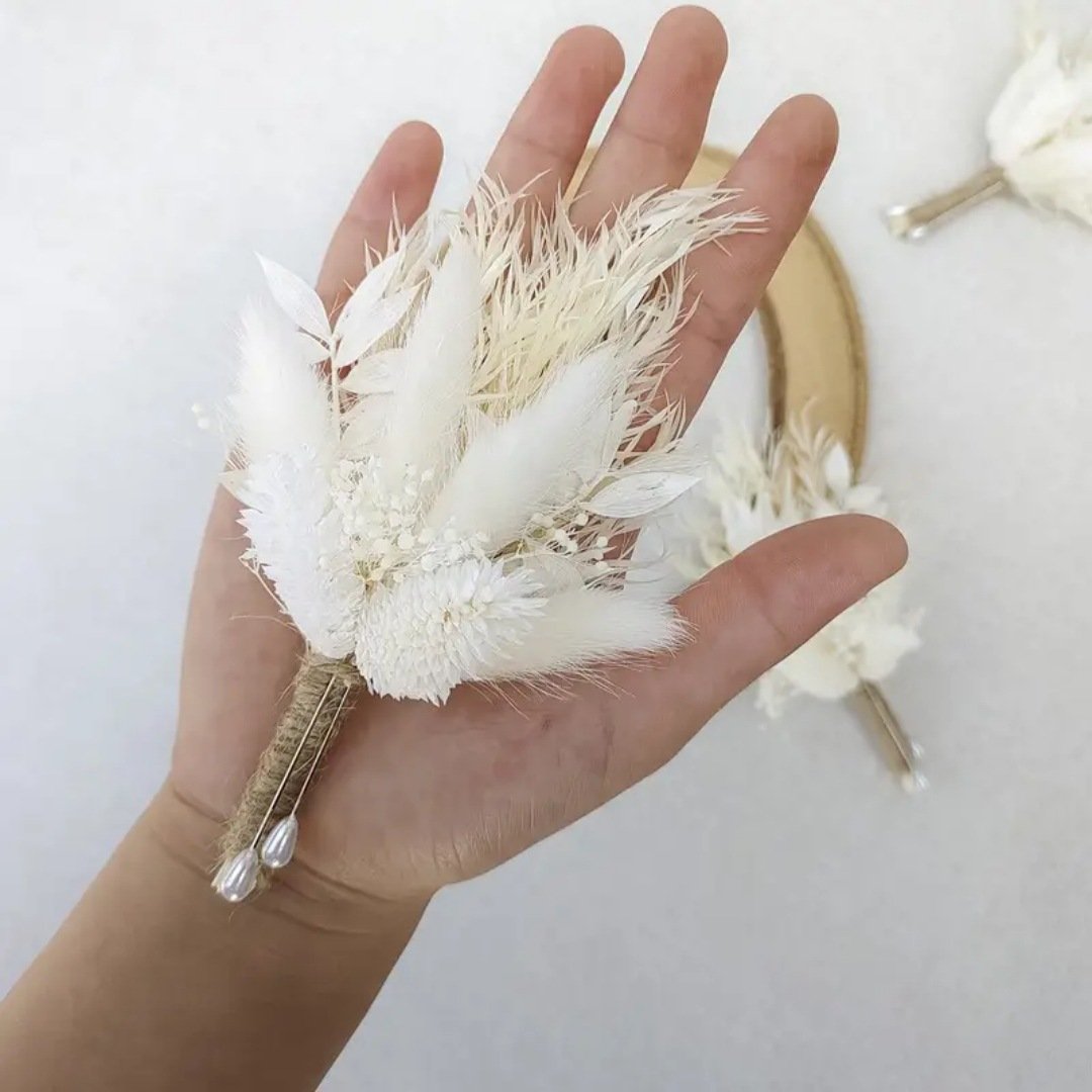 G31 Groom Best Man Boho Men's Rustic Vintage Wedding Party Prom Mini Dried Flower Bouquet White Dried Flower Boutonnieres