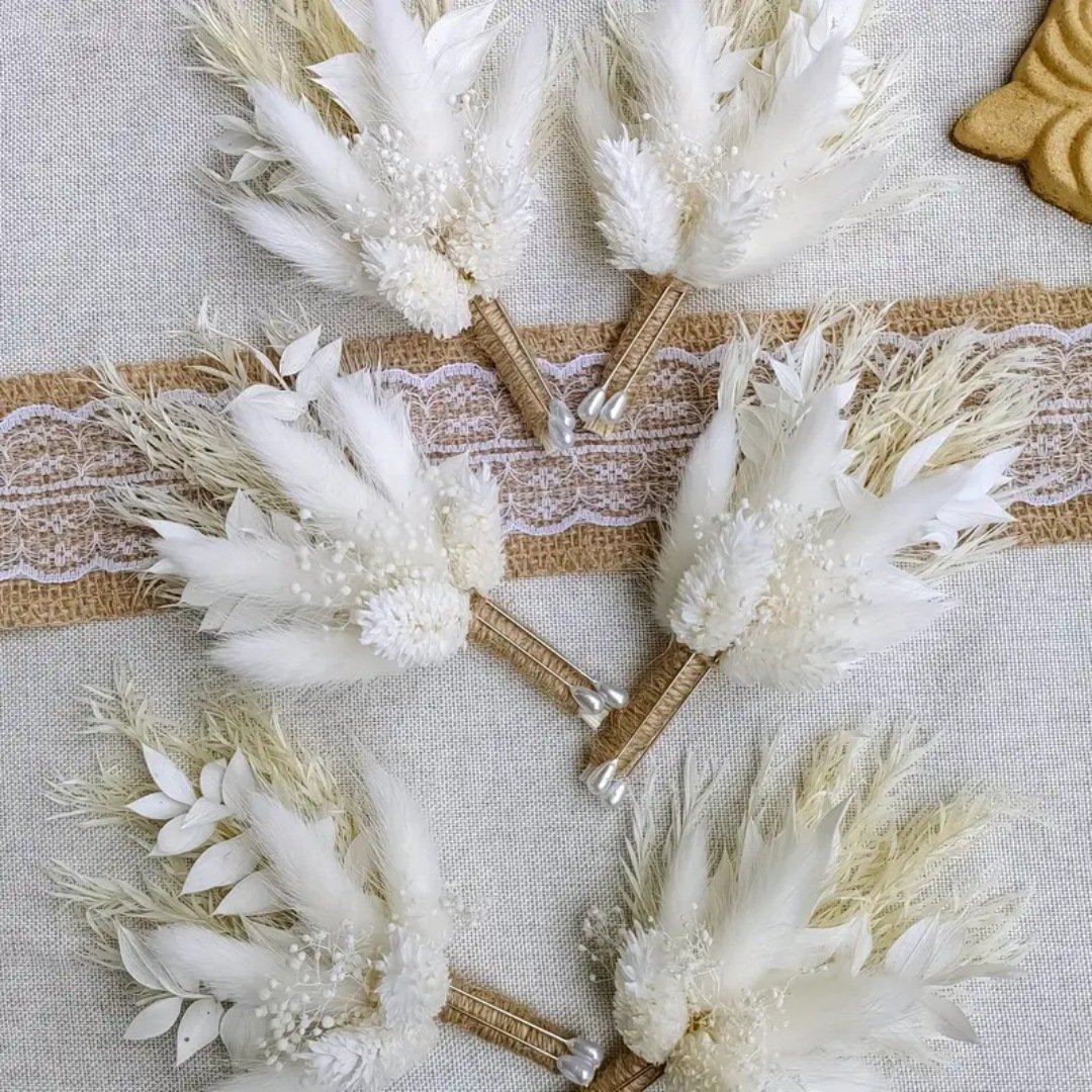 G31 Groom Best Man Boho Men's Rustic Vintage Wedding Party Prom Mini Dried Flower Bouquet White Dried Flower Boutonnieres
