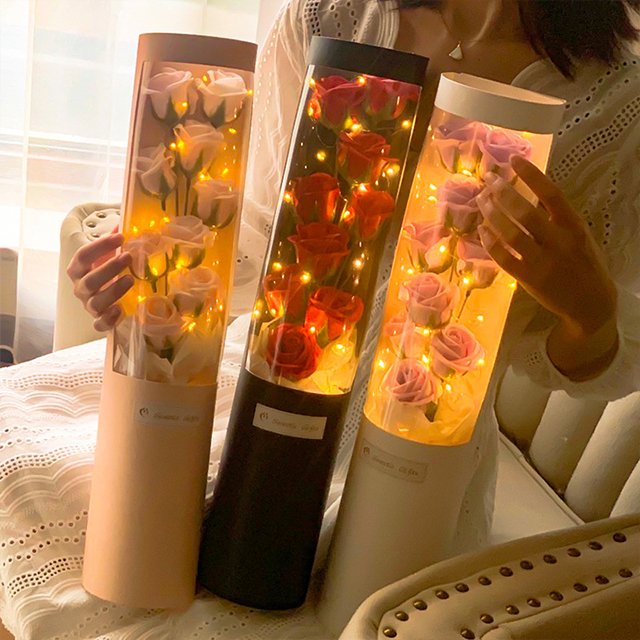 Ammy 9 Rose Artificial Flower Rose Soap With Dried Flowers Bouquet In Stylish Hug Bucket Box With Led Light valentines day gift
