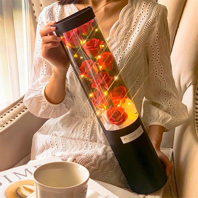 Ammy 9 Rose Artificial Flower Rose Soap With Dried Flowers Bouquet In Stylish Hug Bucket Box With Led Light valentines day gift