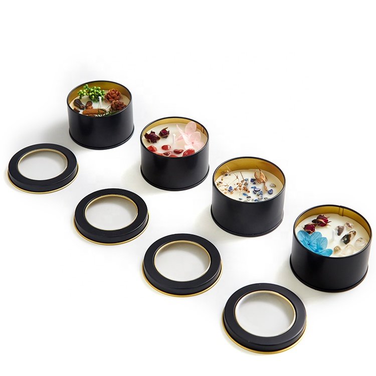 Transparent Lid Black Tin Dried Flower Colored Wax Healing Crystal Irregular Shape Clear Quartz Scented Candle