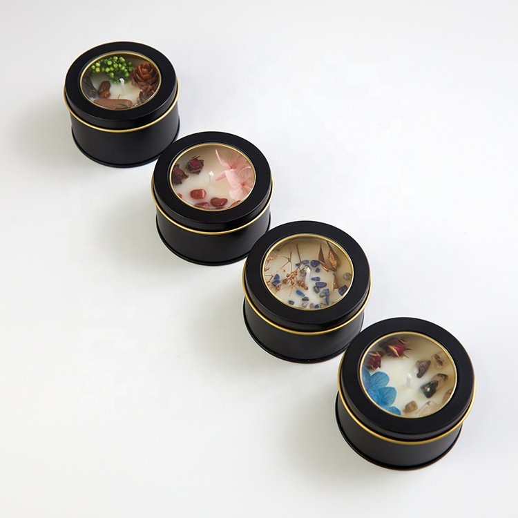 Transparent Lid Black Tin Dried Flower Colored Wax Healing Crystal Irregular Shape Clear Quartz Scented Candle