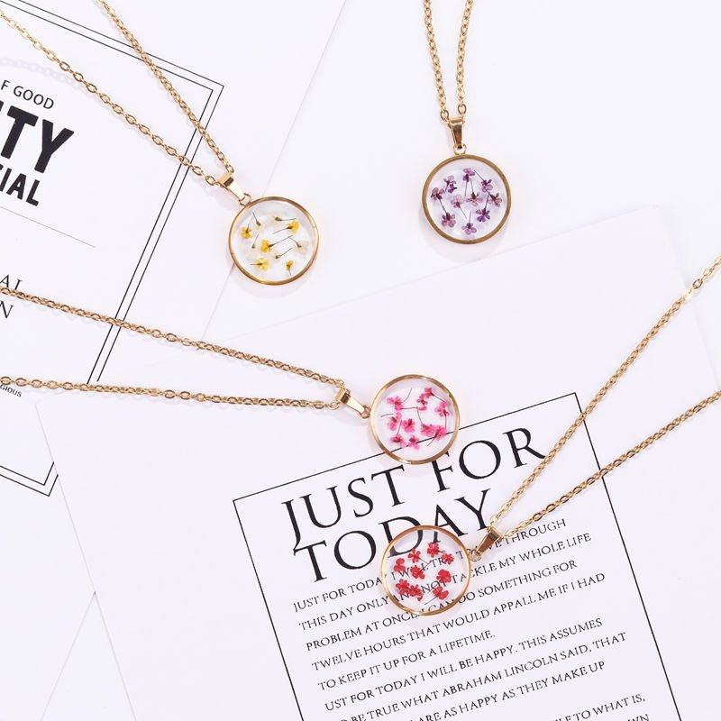 Factory Custom Resin Birth Month Flower Necklace Women Stainless Steel Jewelry Real Dried Flower Necklace