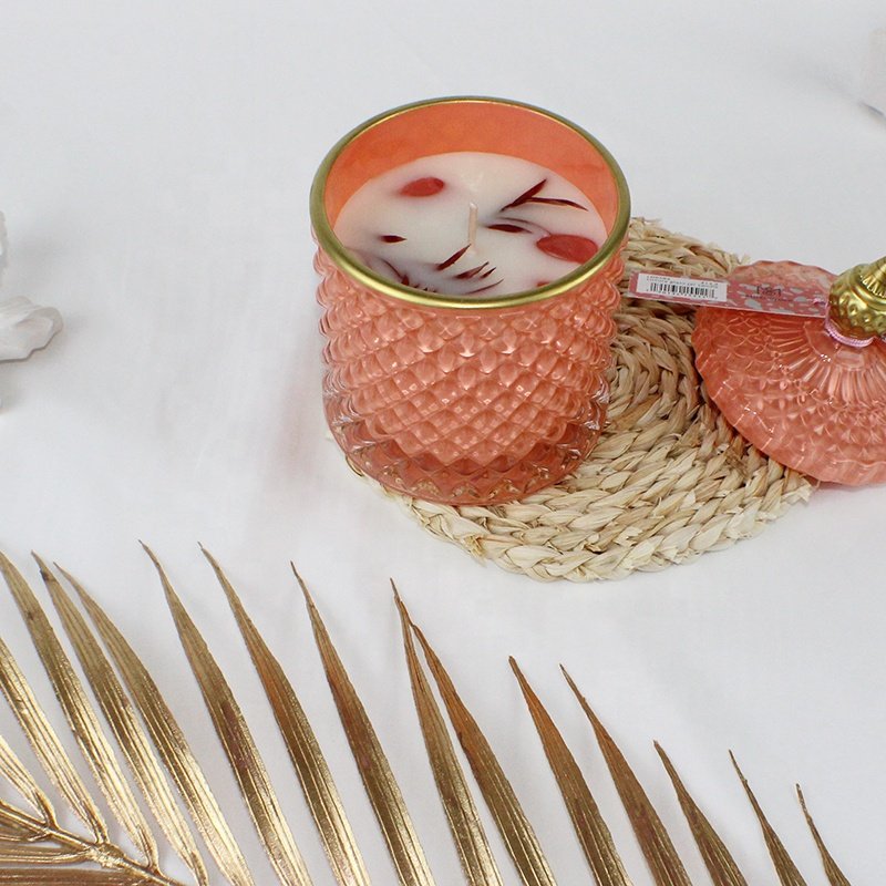 Unique Colorful Embossed Glass Candle Jar With Spire Lid Matte Dried Flowers Glossy Orange Crystal Candle