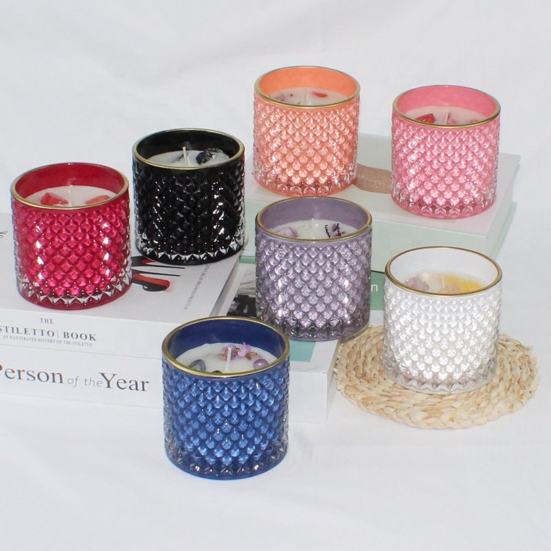 Unique Colorful Embossed Glass Candle Jar With Spire Lid Matte Dried Flowers Glossy Orange Crystal Candle