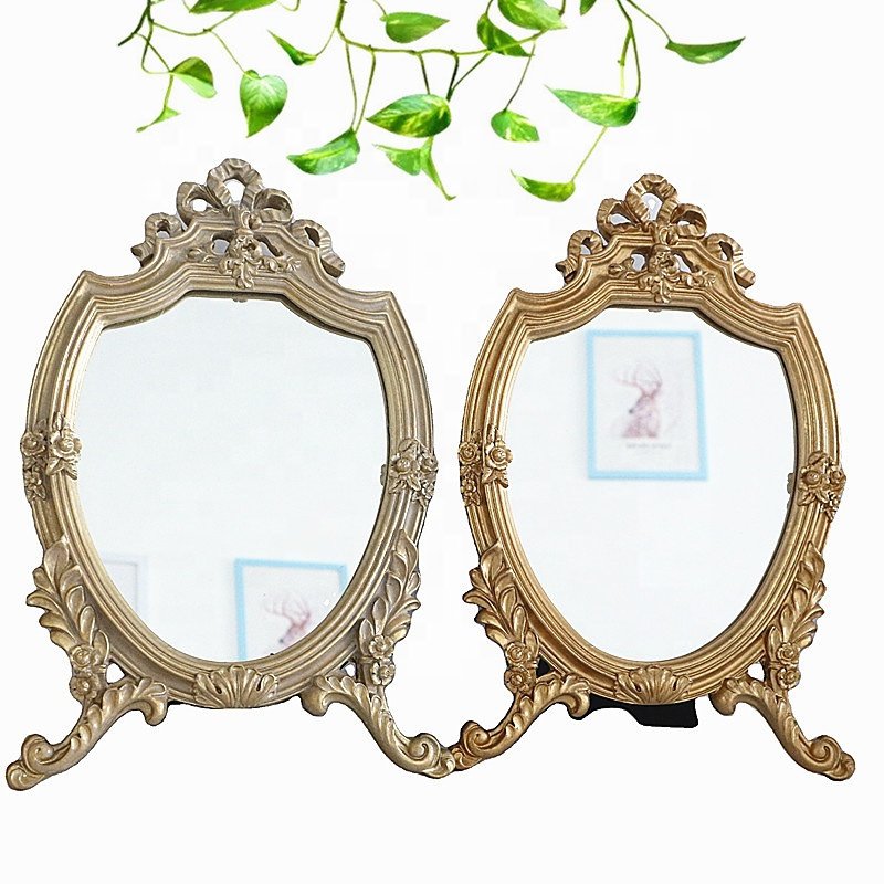 European Style Antique Gold Resin Frame Decorative Wall Mirror Sculpture Pattern Tabletop Makeup Mirrors for Home Decoration