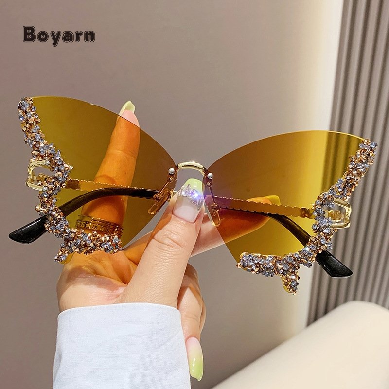 Boyarn Fashion Ladies Party Bling Rhinestone Sun Glasses Wholesale Butterfly Designer Rimless Women Shades Sunglasses Custom