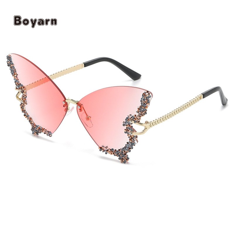 Boyarn Fashion Ladies Party Bling Rhinestone Sun Glasses Wholesale Butterfly Designer Rimless Women Shades Sunglasses Custom