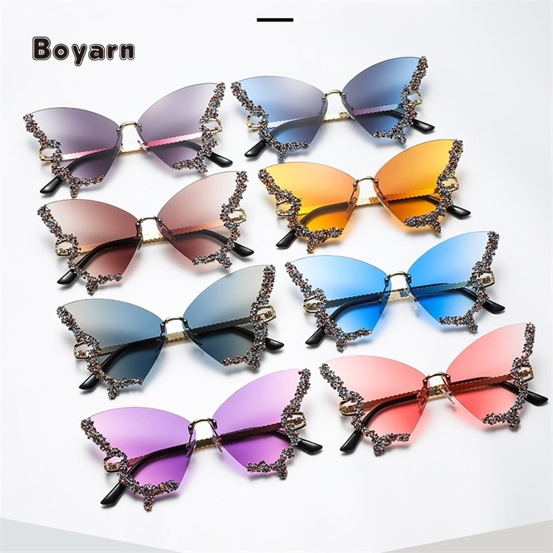 Boyarn Fashion Ladies Party Bling Rhinestone Sun Glasses Wholesale Butterfly Designer Rimless Women Shades Sunglasses Custom