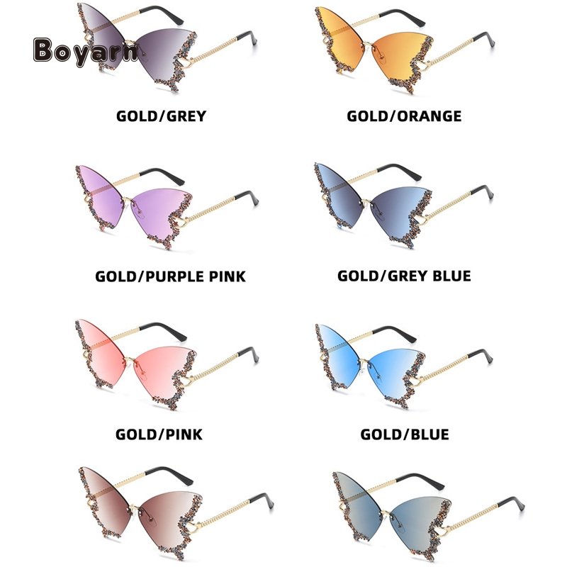 Boyarn Fashion Ladies Party Bling Rhinestone Sun Glasses Wholesale Butterfly Designer Rimless Women Shades Sunglasses Custom
