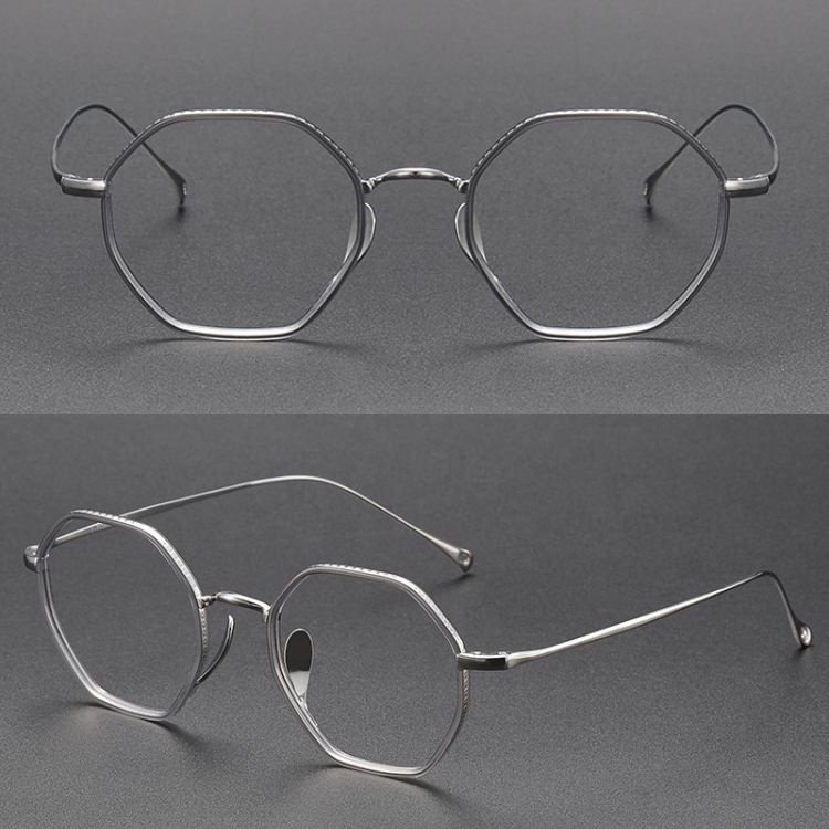 Gray Silver Frame Fashion Eyeglasses Designer Hexagon Eyewear Light Weight Fullrim Titanium Eye Glasses Optical Frame