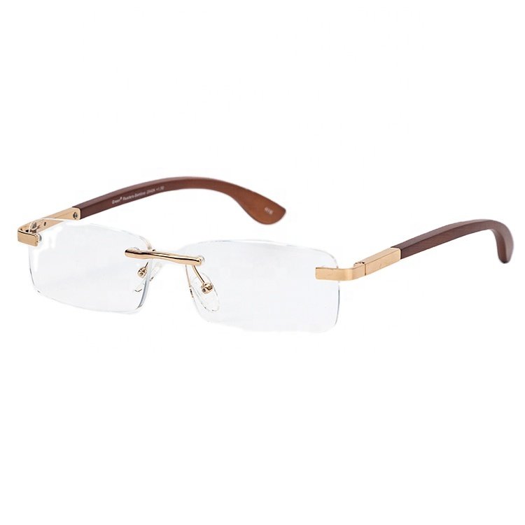 new arrival personal rectangle rimless wood reading glasses womens eyewear gold deco thin frame blue ray optical reading glasses