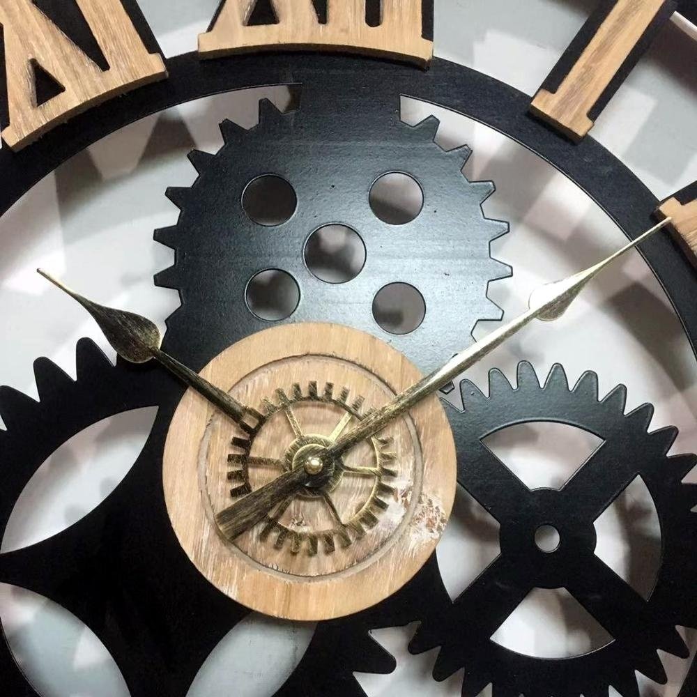 Best Seller Industrial DIY Black Moulded Metal Frame Farmhouse Gear Decorate Wall Clock with 3D Raised Wood Roman Numerals