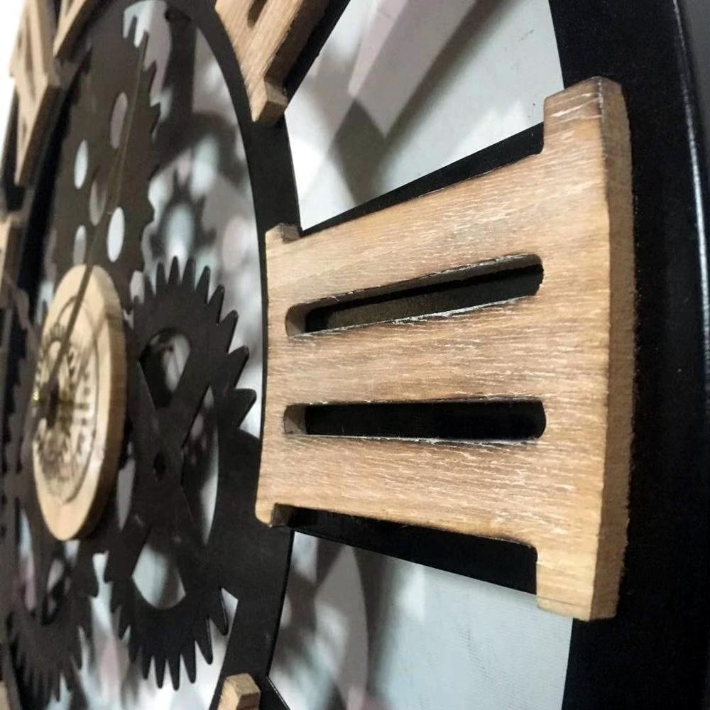 Best Seller Industrial DIY Black Moulded Metal Frame Farmhouse Gear Decorate Wall Clock with 3D Raised Wood Roman Numerals